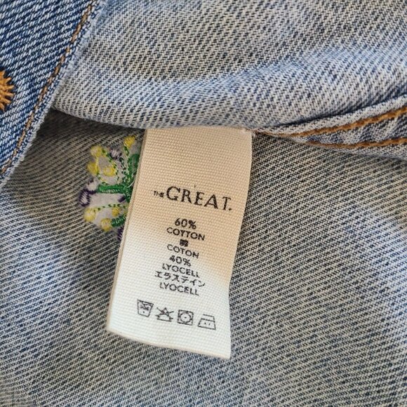 The GREAT. The Boxy Jean Jacket Flower Embroidery Slightly Distressed Size 1 - Picture 4 of 11